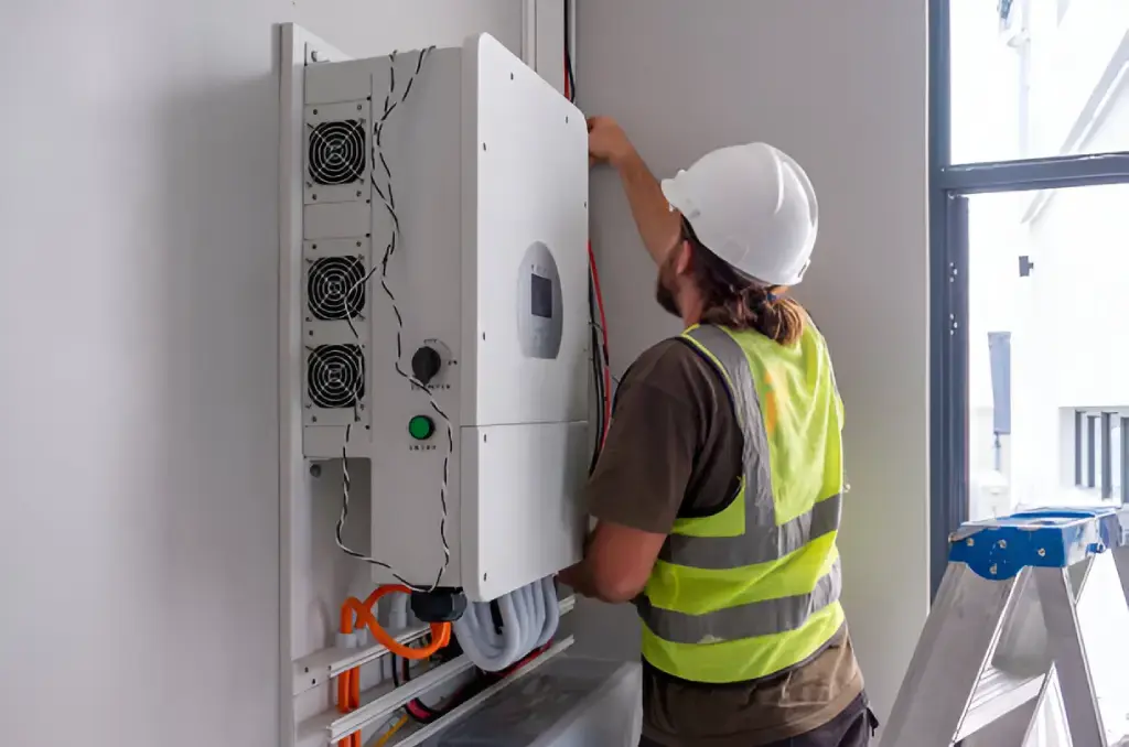 A worker in a safety vest and hard hat performs maintenance on a solar inverter mounted on a wall