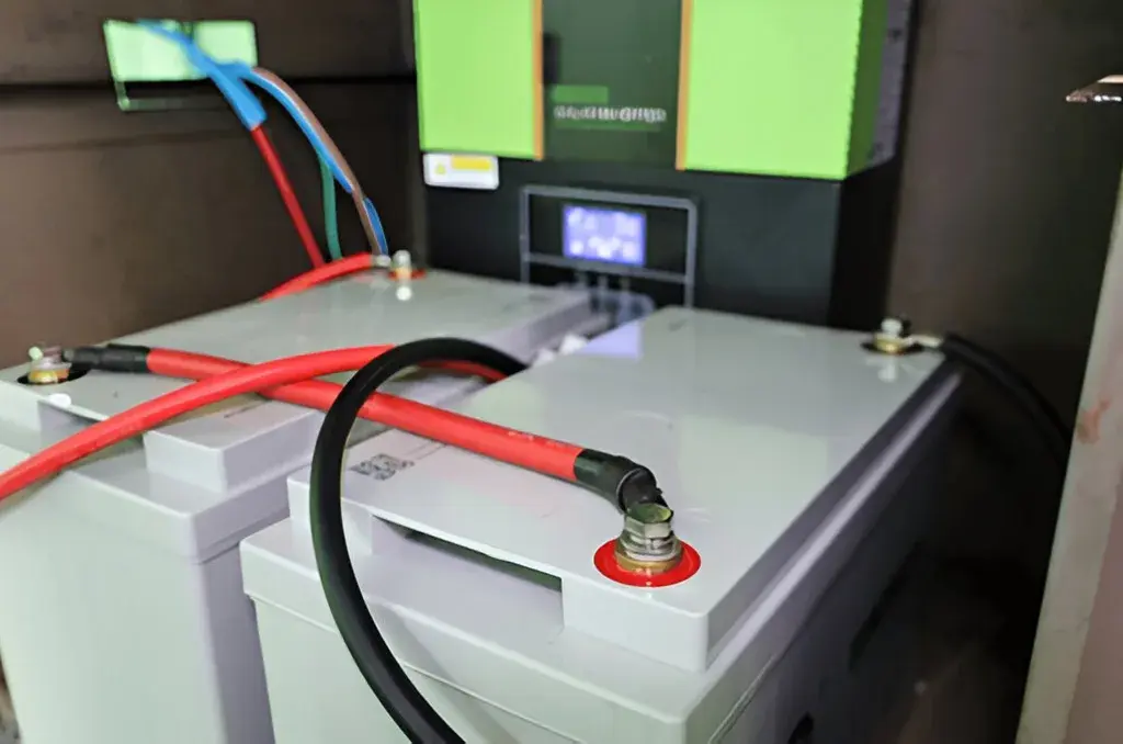 Two large white batteries connected with red and black cables are positioned below a green and black inverter in a storage or utility space.