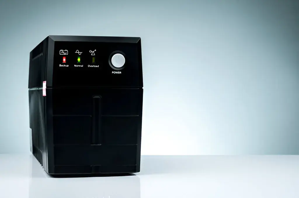A black uninterruptible power supply (UPS) device with indicator lights for backup, normal, and overload functions, placed on a reflective white surface.