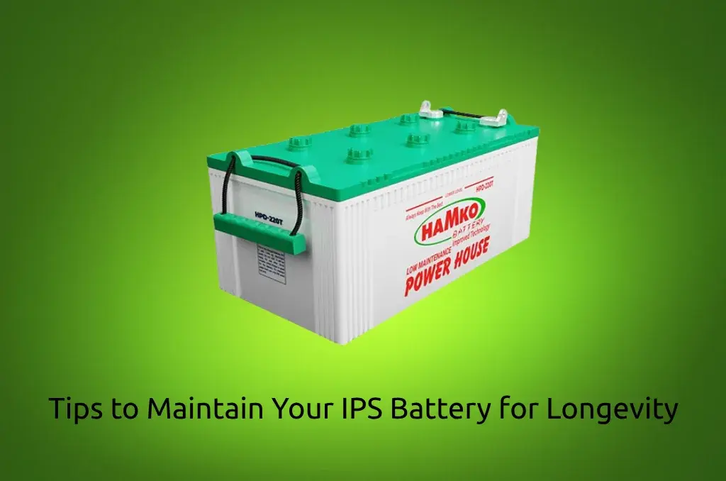 A battery on a green background with text "Tips to Maintain Your IPS Battery for Longevity.